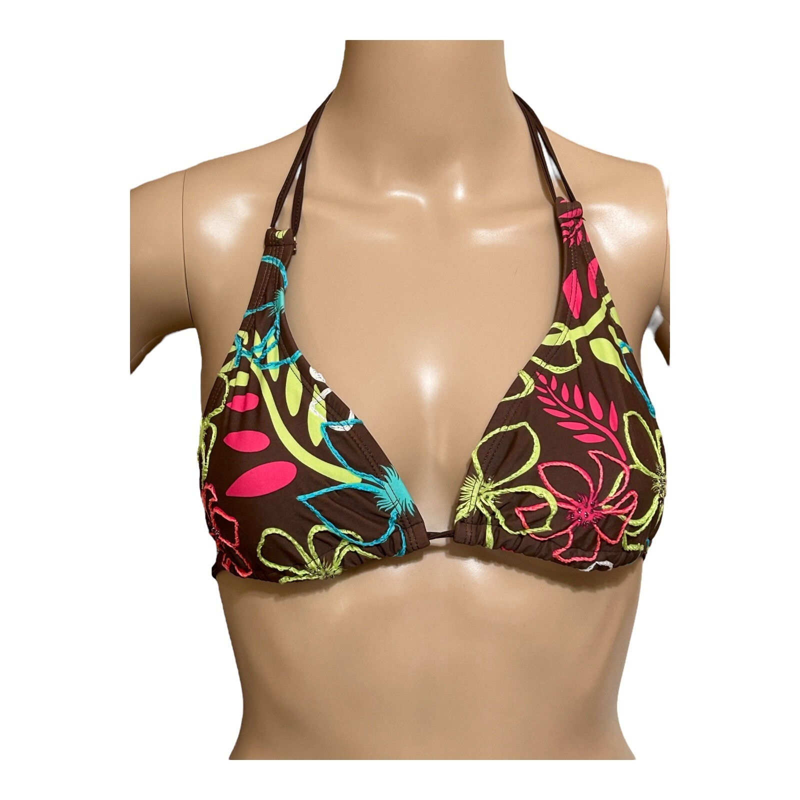 Body Glove Triangle String Bikini Swimsuit Bathing Suit S Brown Embroidery Beads