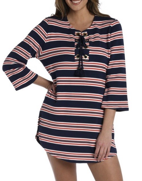 La Blanca Dress XL Navy Coral Striped Tassel Tie Nautical Swim Cover Up NWT