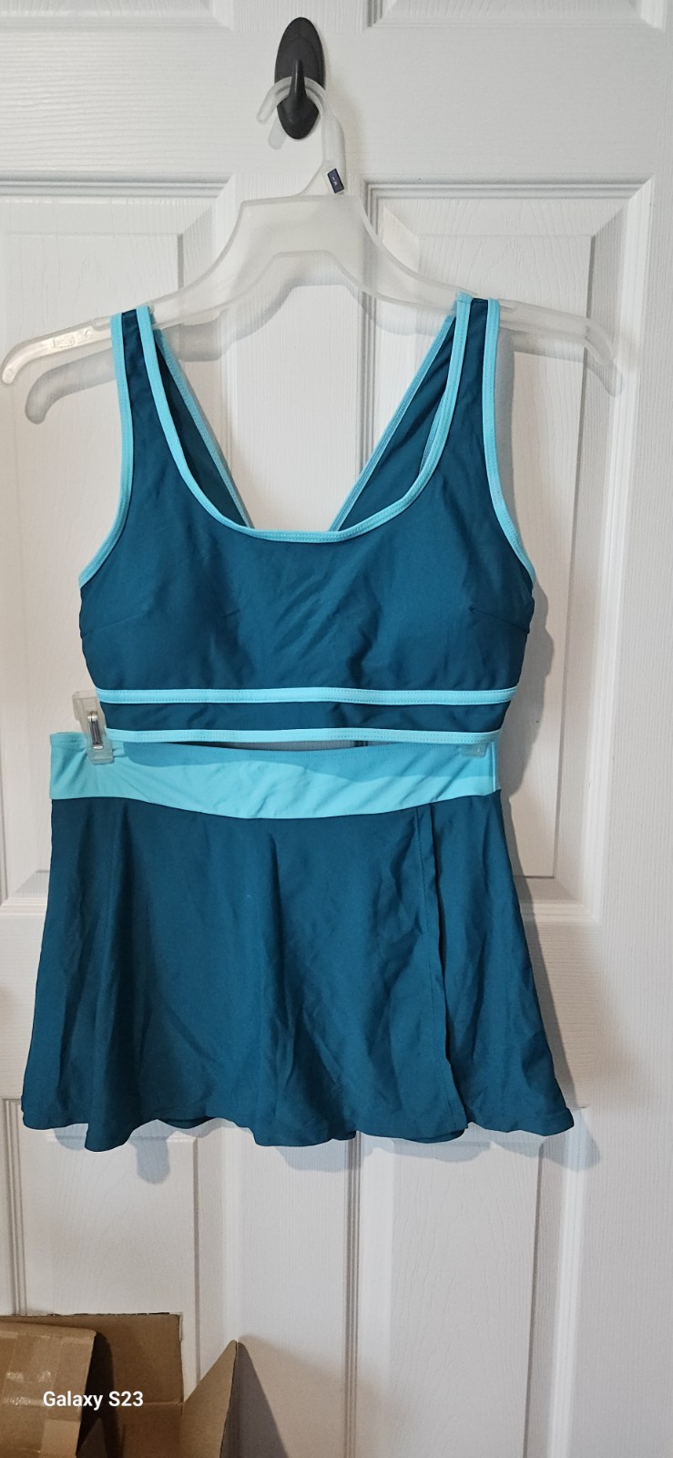 Women’s 2-Piece Blue/Light Blue Swim Skirt, Boy Shorts & Wide Strap Top L