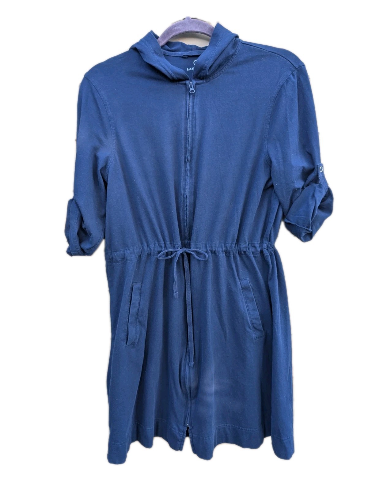 Blue Full Zip Hoodie Drawstring Tunic Swim Cover-up Roll Tab Slv M Lands End