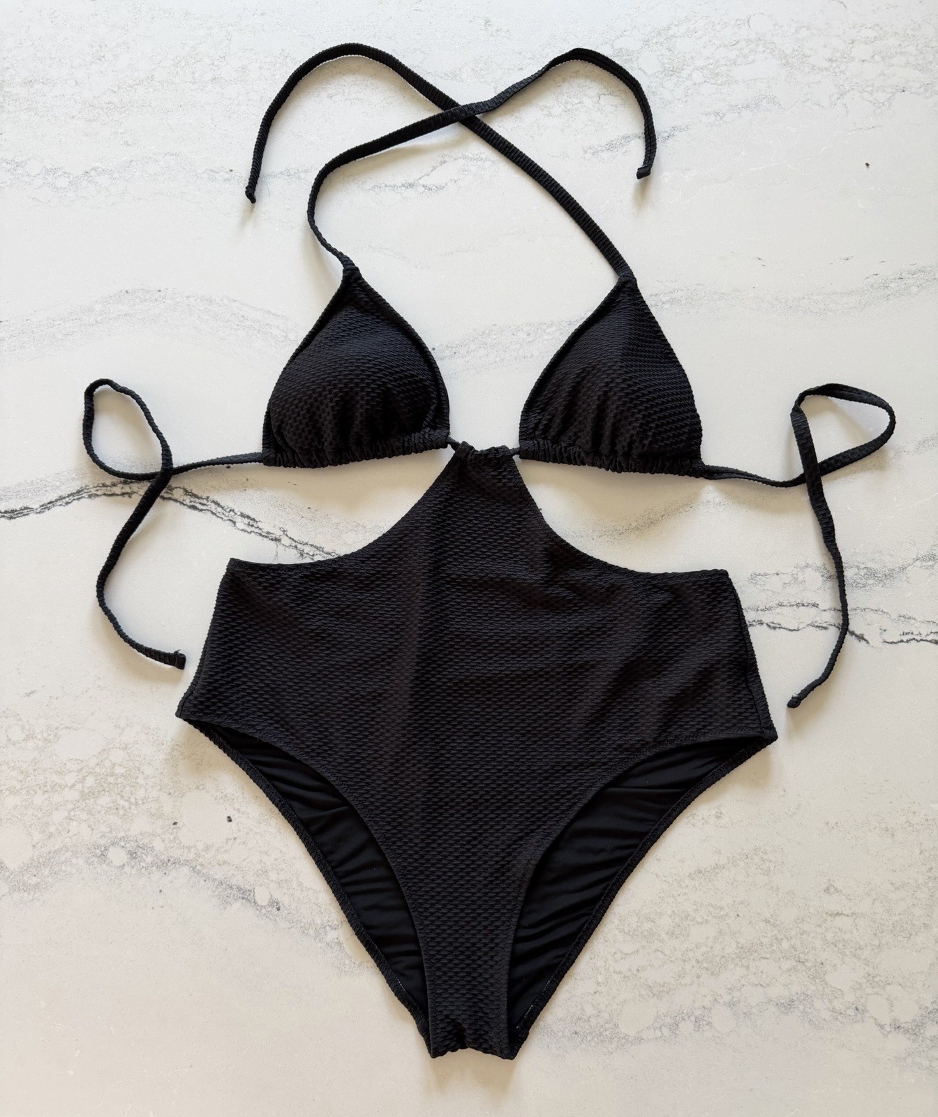 Aerie Black Textured/Crinkle Triangle Halter Cheeky One Piece Swimsuit Large