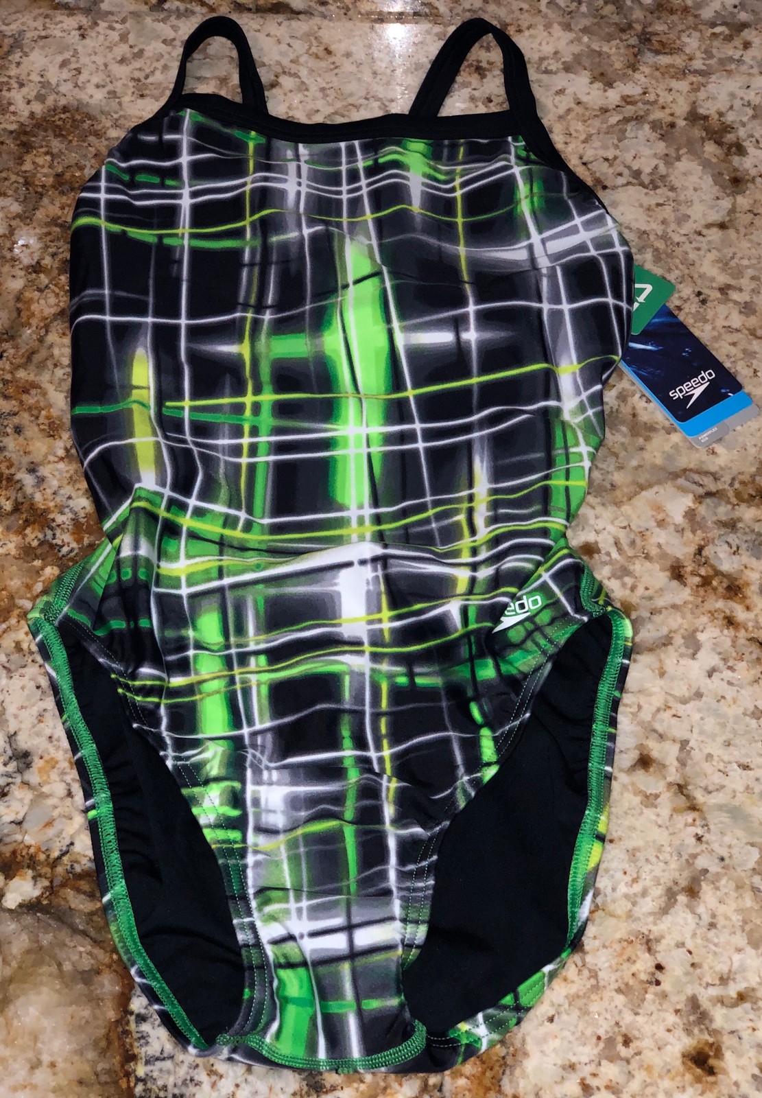 SPEEDO Laser Sticks Fly Back Black Green White Swim Suit Womens Female 4 30 6 32