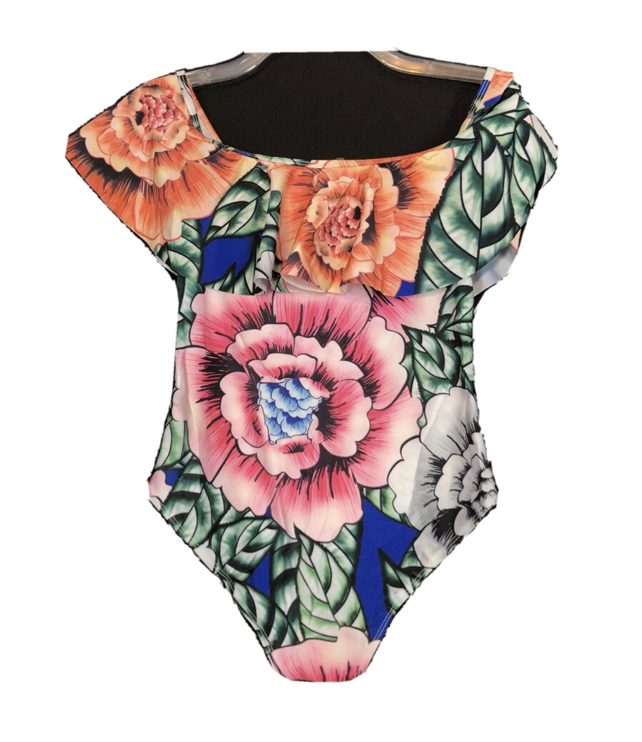 Floral Multi Ruffle Fold Stretch One Piece Swimming Suit Womene Size M Casual