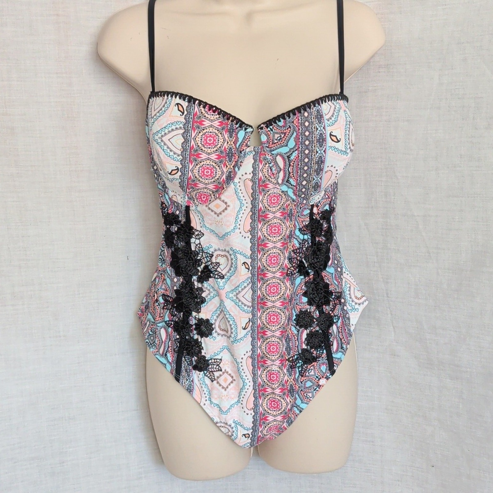 Swimsuit 14 Corset Style One Pc Sexy Bathing Suit Crochet Applique Underwire New