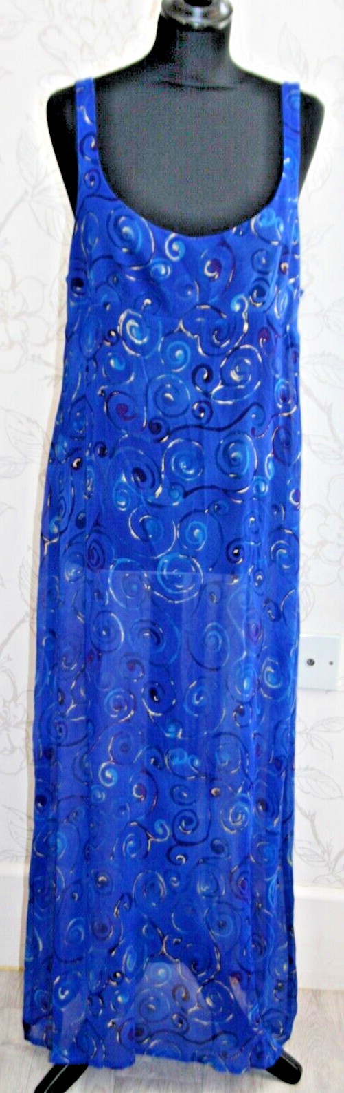 1990s GOTTEX HARRODS Long Dress 100% Viscose Large Blue/Gold Beach/Resort-Wear