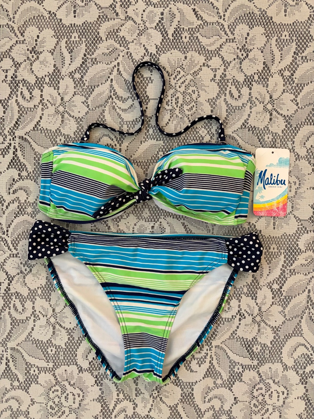 Malibu Dream Girl Striped Polka Dot Bikini Set Pool Vacation Beach Swim Travel