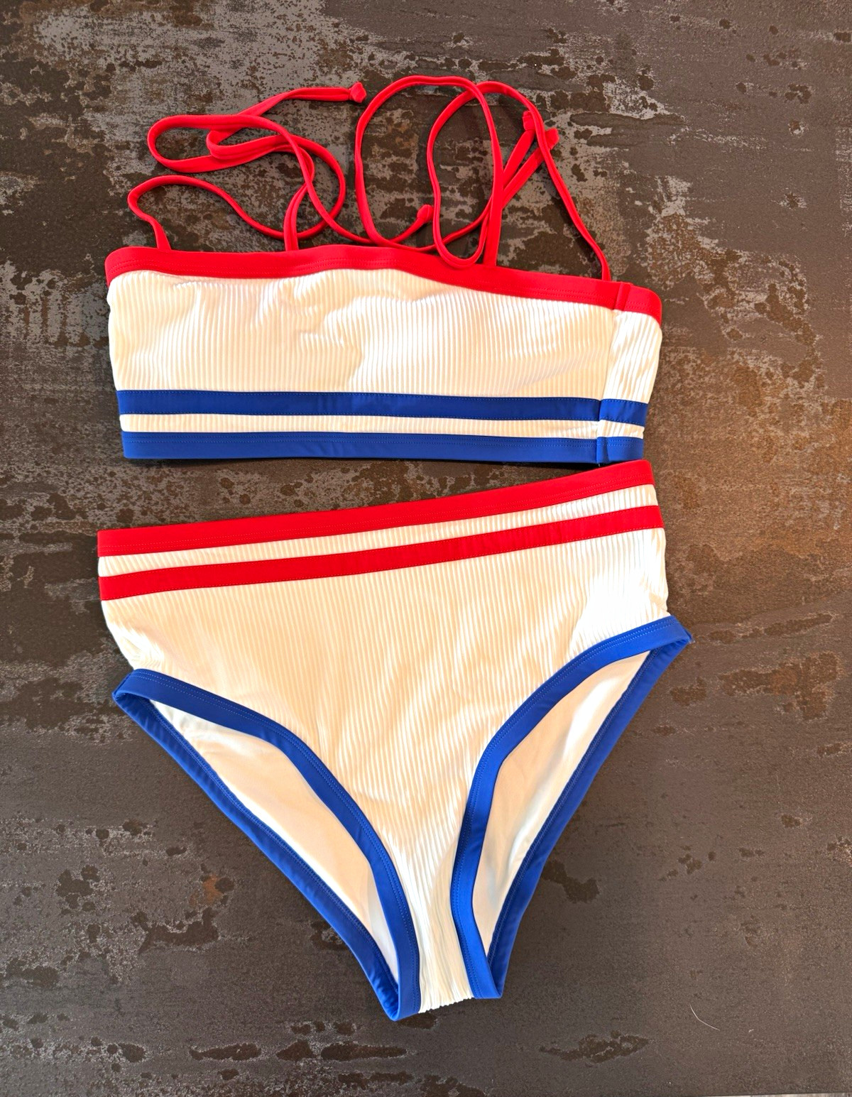 Women’s White Ribbed 2pc Bikini Set Red/Blue Striped Trim