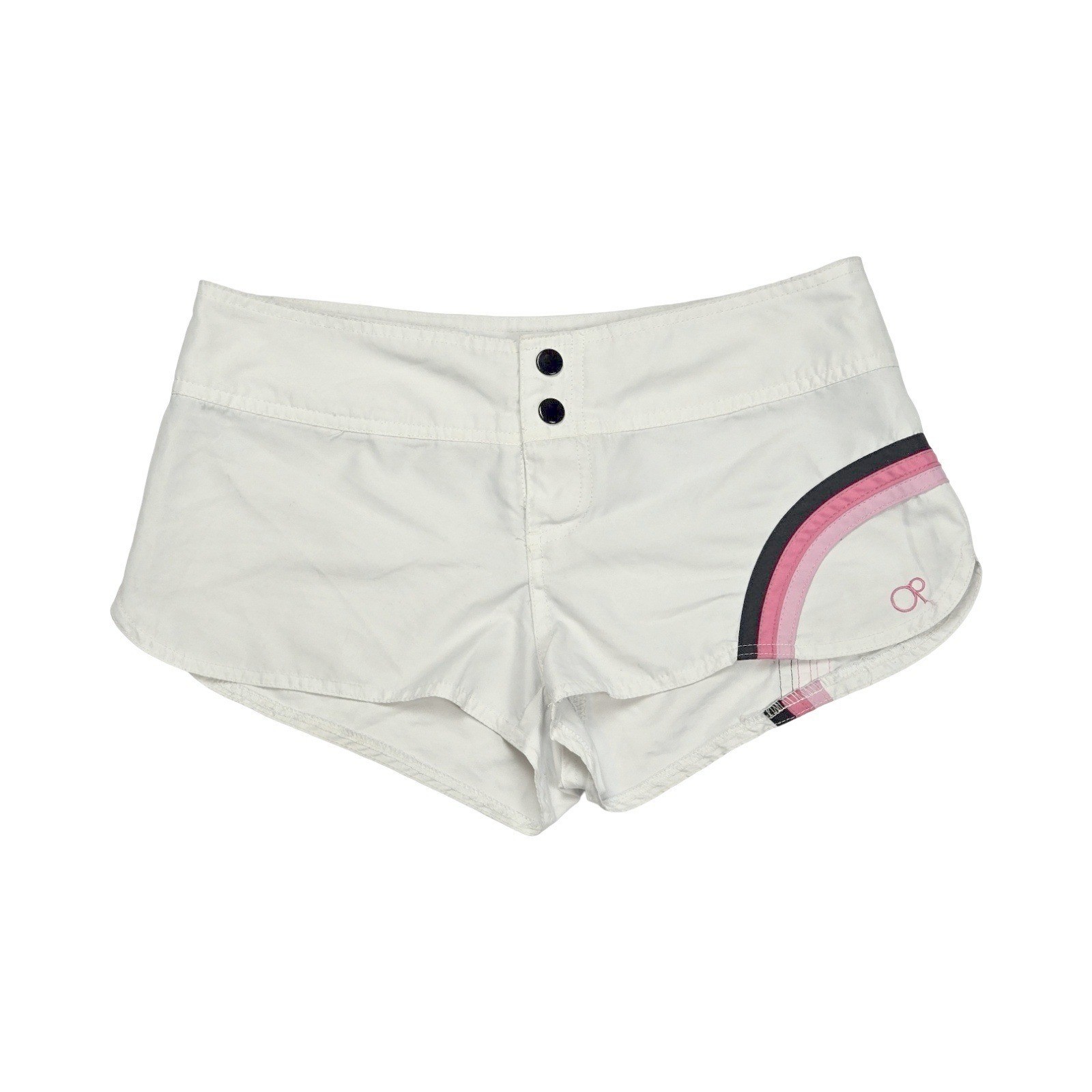 Vintage Y2K OP Low Rise Shorts Pink Rainbow Stripe Retro Swim XS White Board