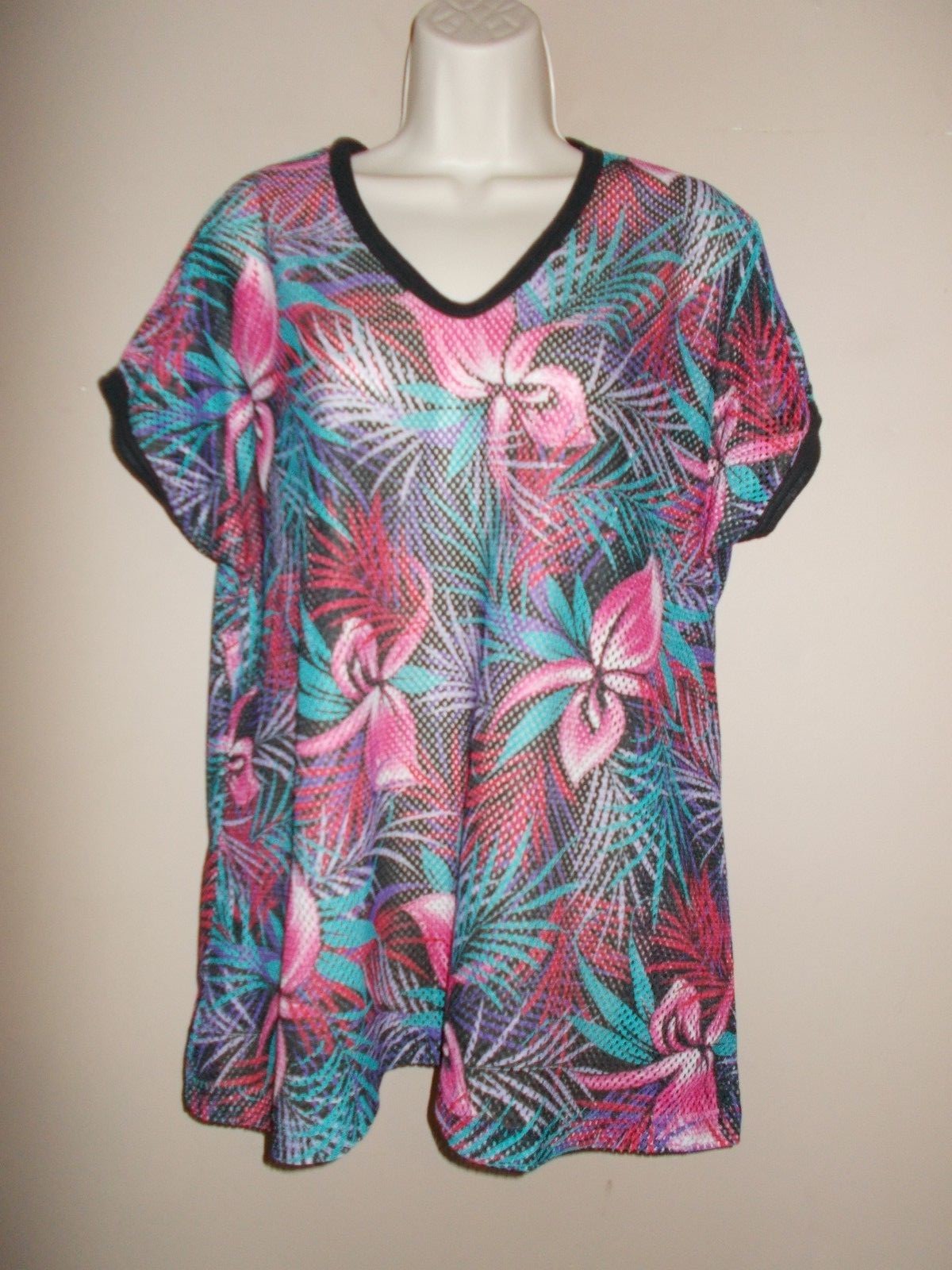 Julie Girl One Size S M L Beach Cover Up Floral Open Weave Short Dolman Sleeves