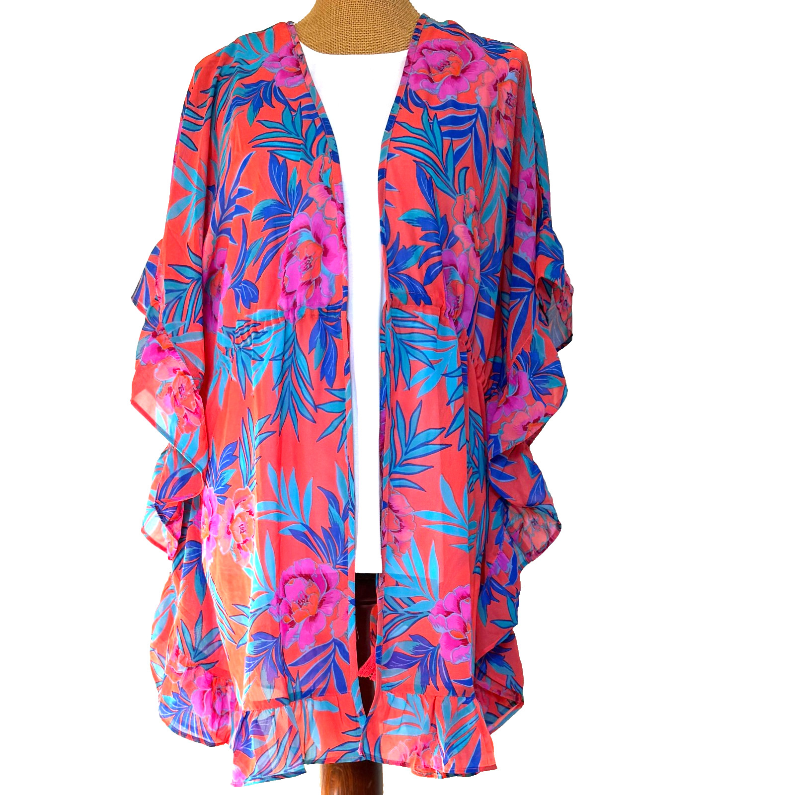 Blue Island Beach Colorful Ruffle Sleeve Drawstring Cover Up NEWw/Tags SWIM
