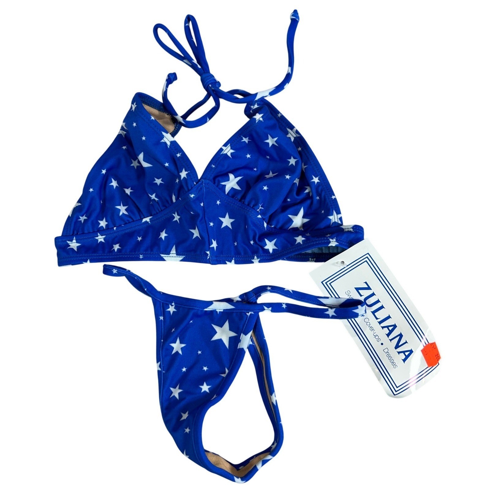 Zuliana VTG Y2K Blue White Star Print Triangle Halter Thong Bikini Set NWT