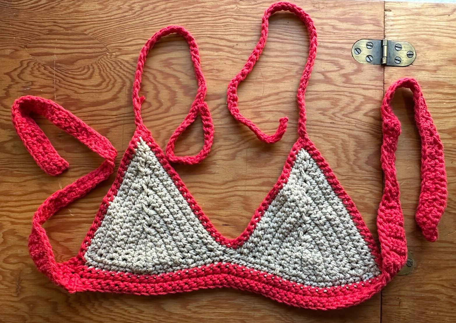 Crochet BOHO Large Halter Tie Triangle Bikini Swim Bralette Top Red Beige