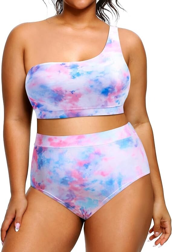 Tempt Me Plus Size High Waisted Bikini 1-Shoulder Swimsuit Blue/Pink TyeDye 18w