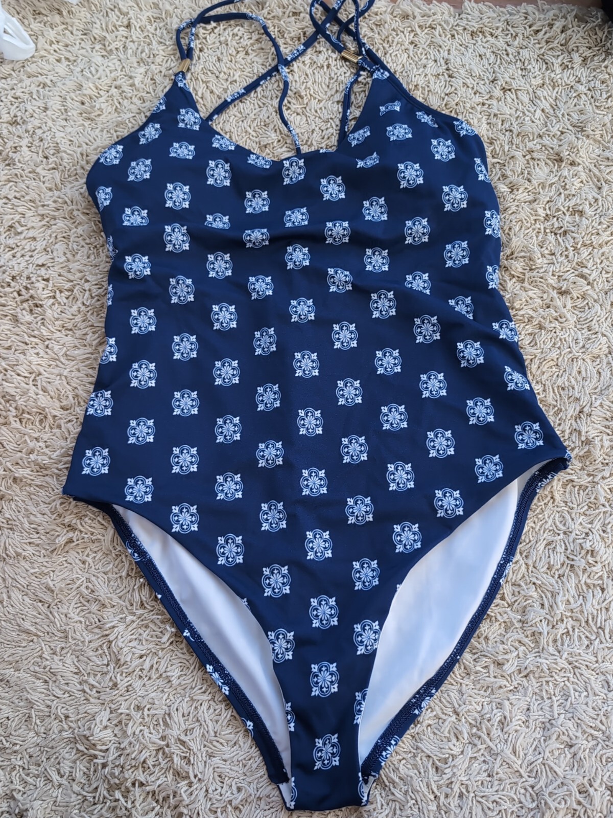 NWT! New! Loft One Piece Bathing Suit Swim Navy Geometric Strappy Sexy 10 M