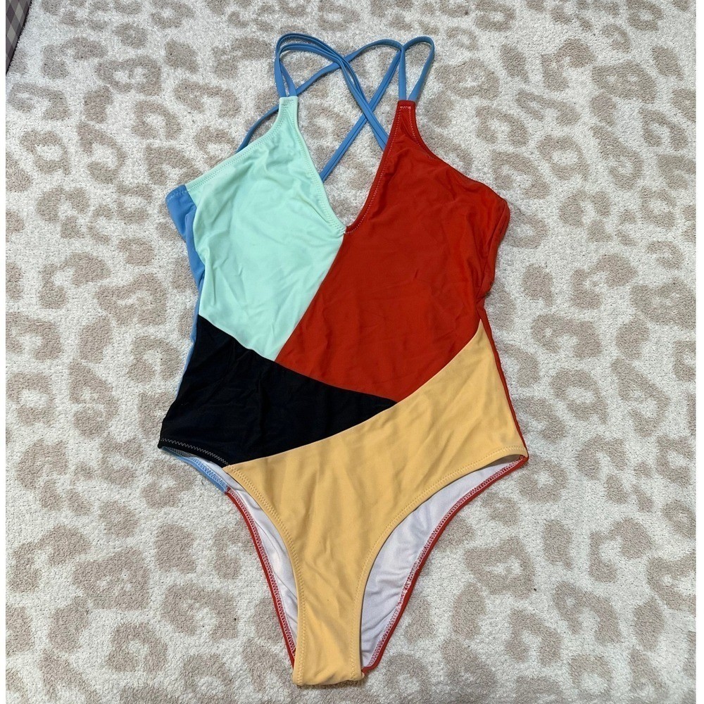 One Piece Swimsuit Multicolor Colorblock Geometric Strappy Small