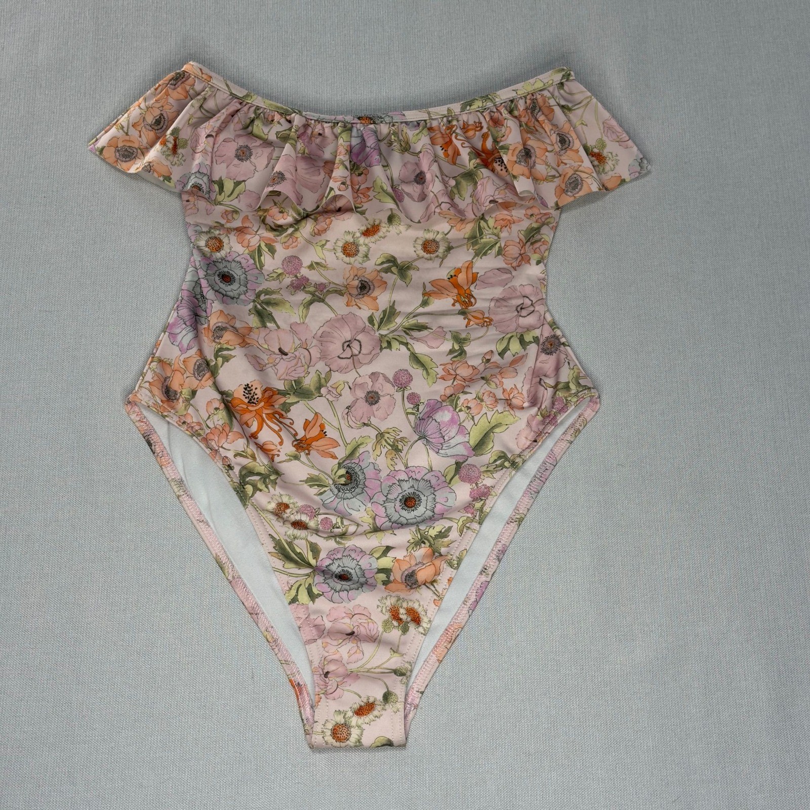 ASOS Swim Women Pink Floral Bandeau Ruffle One Piece Swimsuit US 4