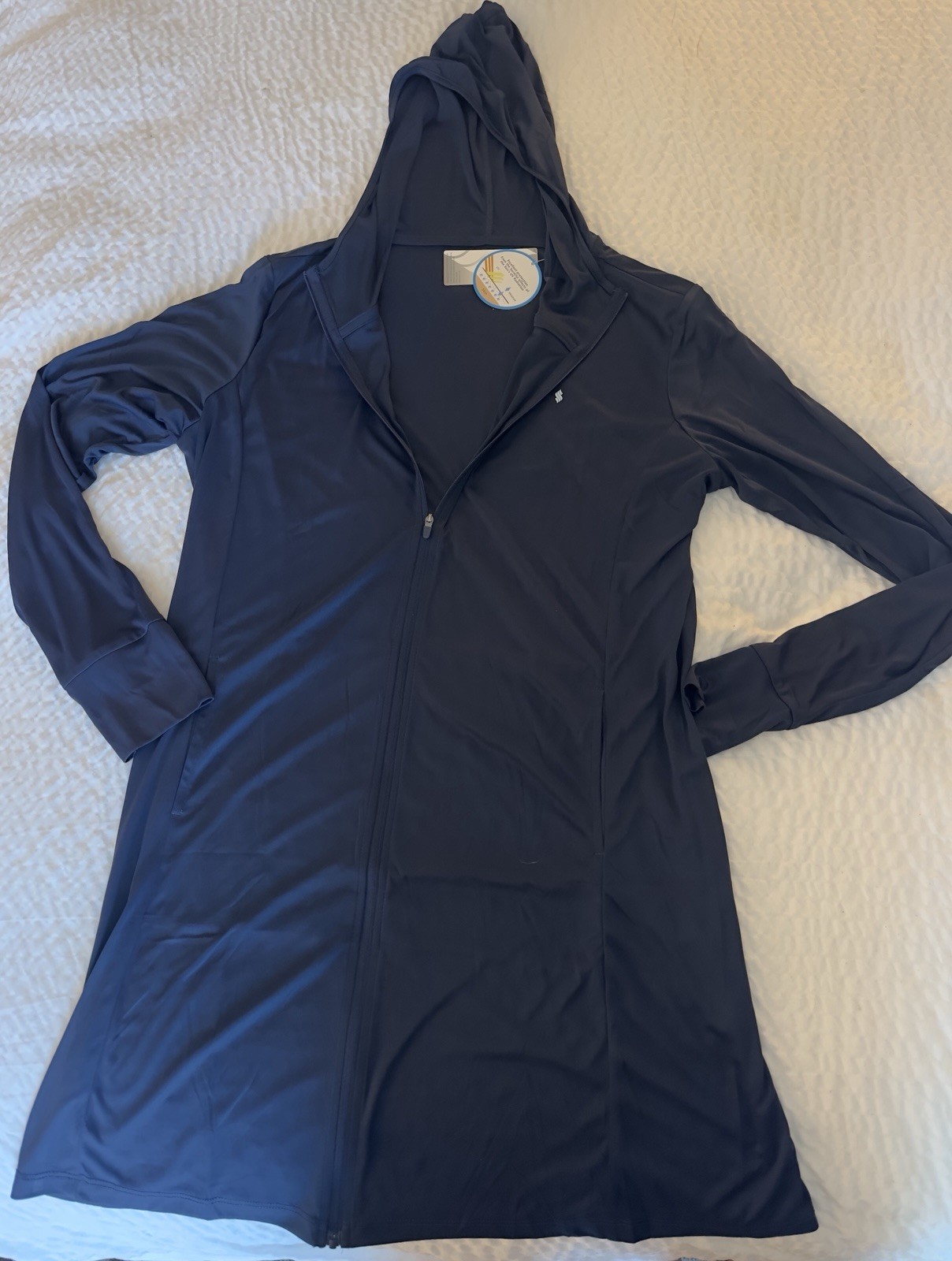 NWT Smoothfeel Womans Swim Cover Up Navy Blue Zip Up Hooded UPF 50 Size Lg NEW