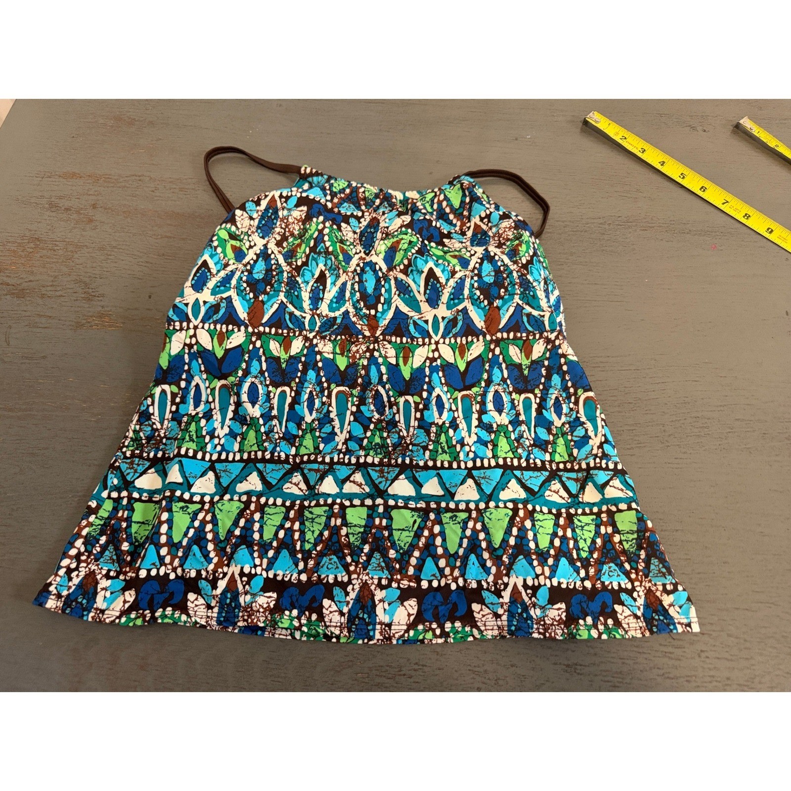 Cajimi Blue Green Geometric Batik Tankini Swim Top Built-in Bra Size M Z31162