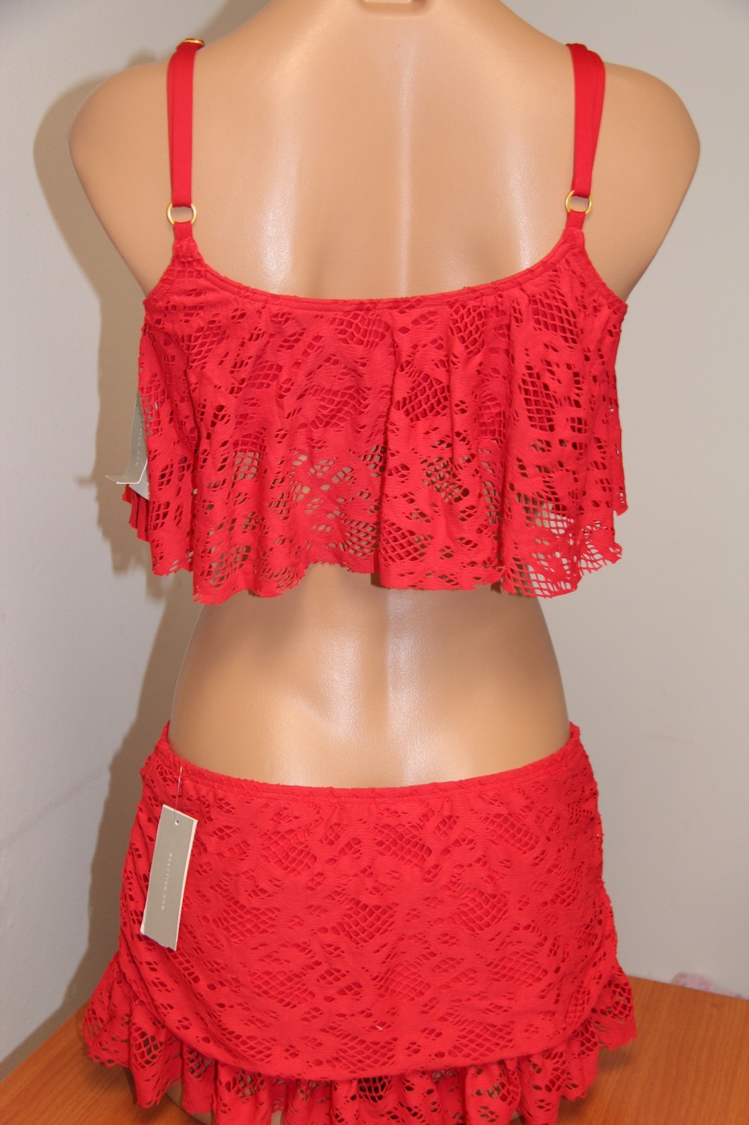 NWT Kenneth Cole Reaction Swimsuit Bikini 2pc Set Sz M Crochet Skirt LIP