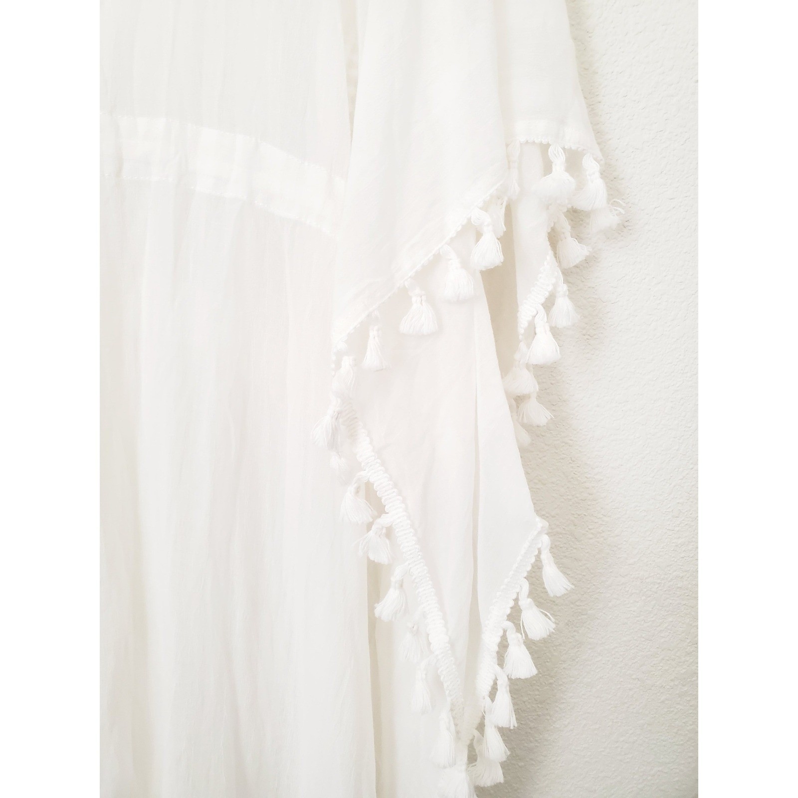OLIA White Tassels Maxi Kaftan Cover Up Beach Dress Size L Kimono Bohemian