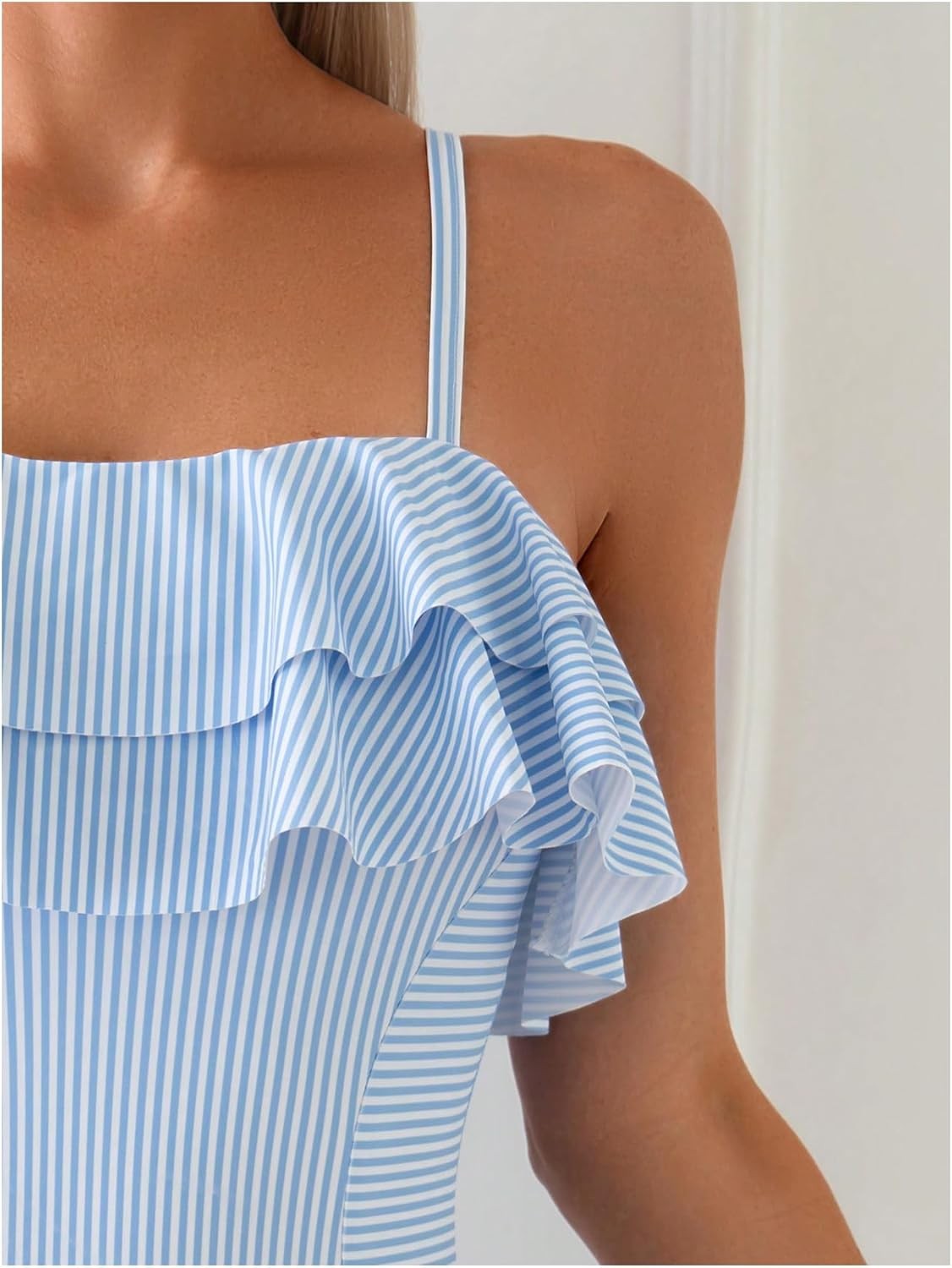 Women’s One-Piece Swimsuit Ruffle Trim Striped Print Monokini Swimwear