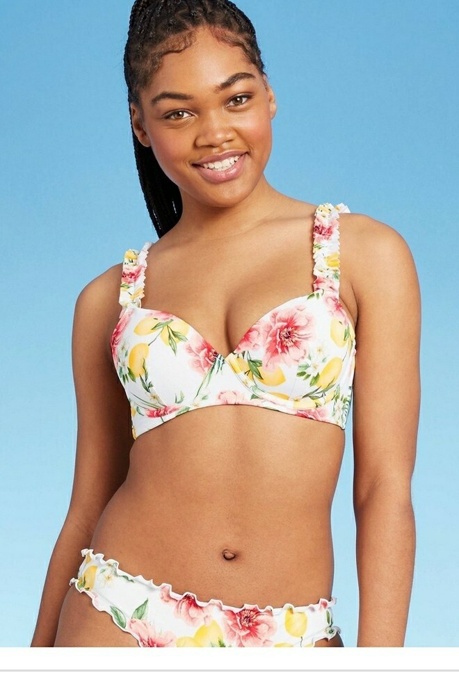36B Shade & Shore Women’s Lightly Lined Ruffle Strap Bikini Top White Floral