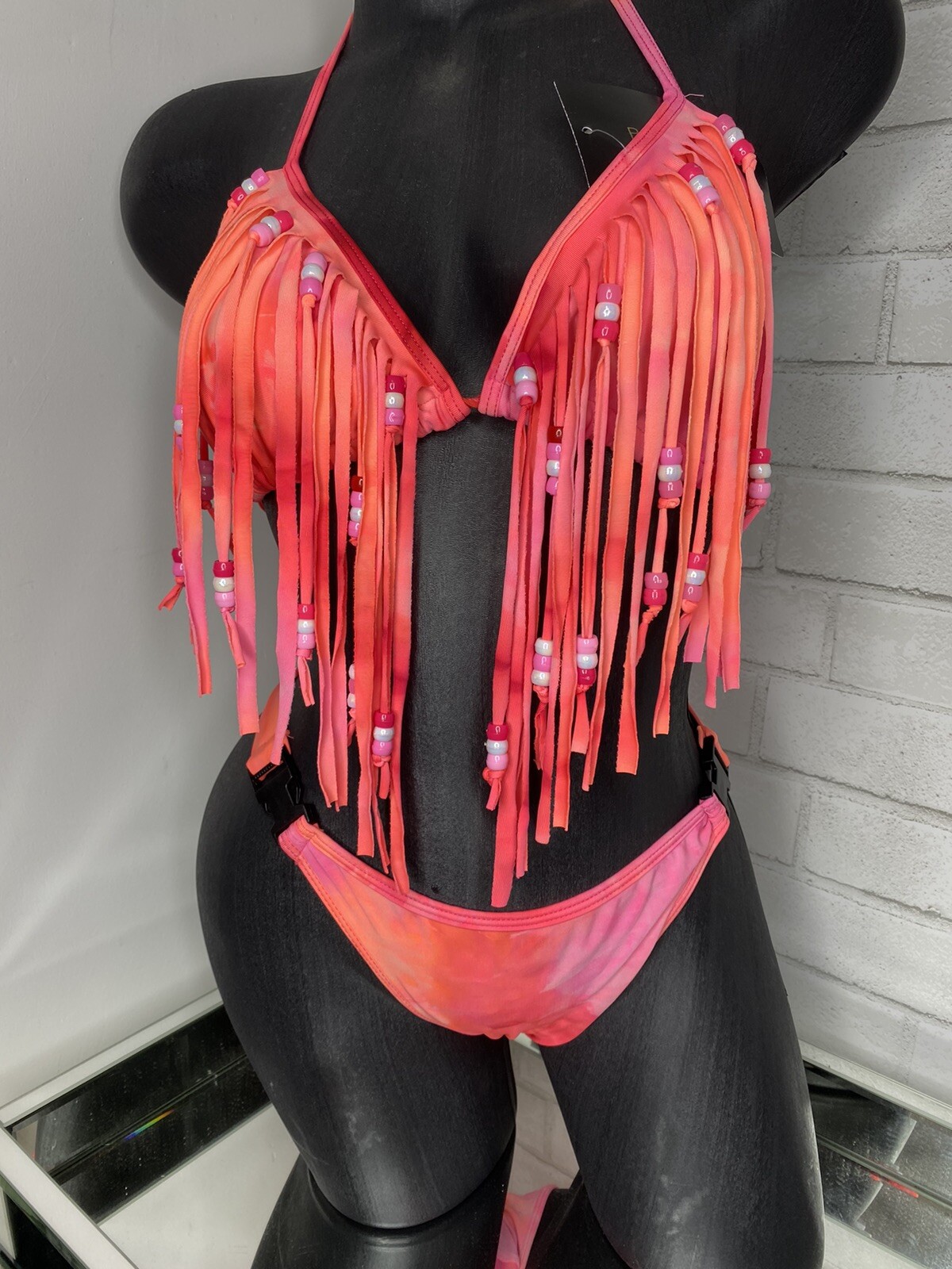 Nwt Forplay Pink Red Tie Dye Scrunch Brazilian Butt Bikini Swimsuit Fringe Beads