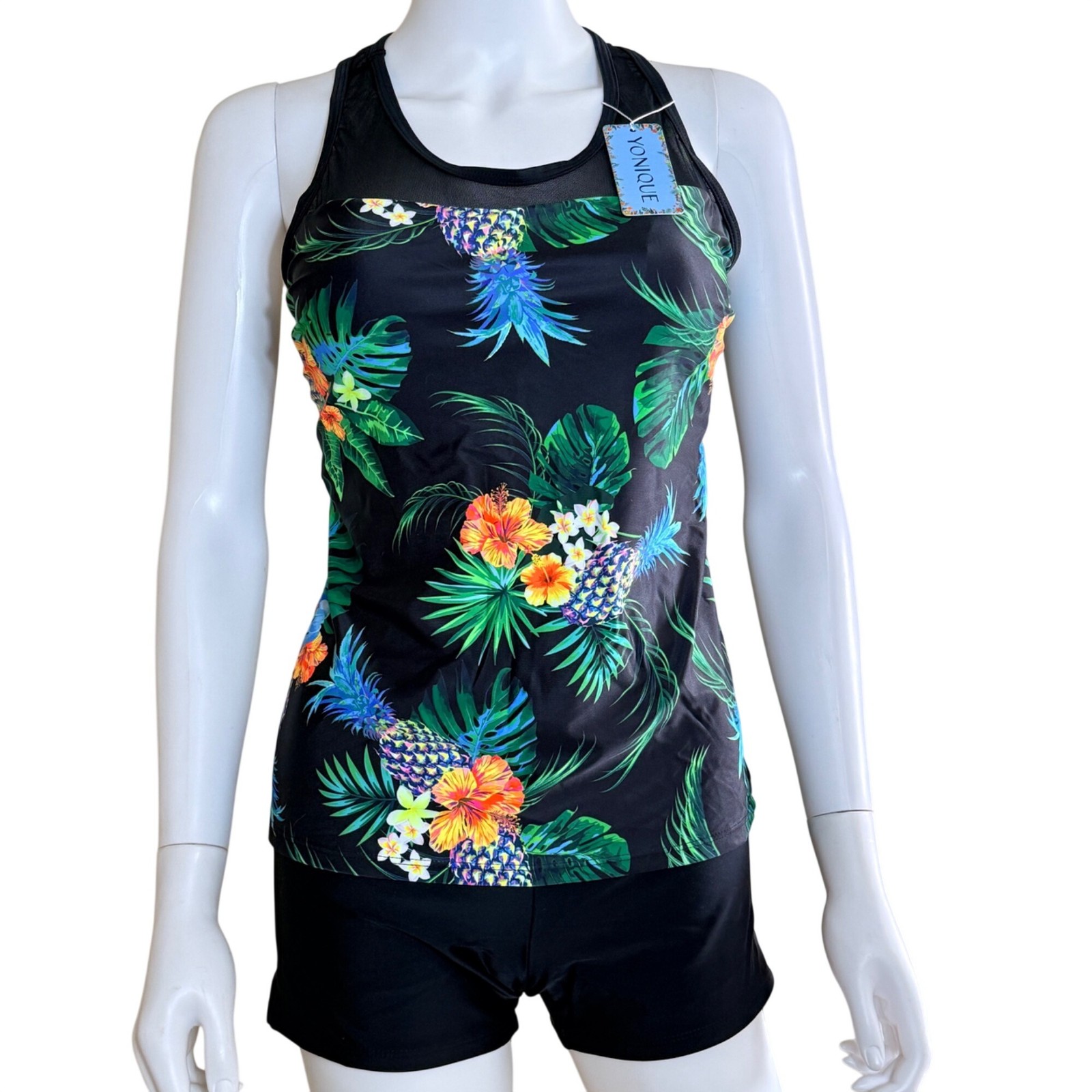 Yonique Pineapple Tankini Swimsuit Tropical Pineapple Print Black Multicolor S