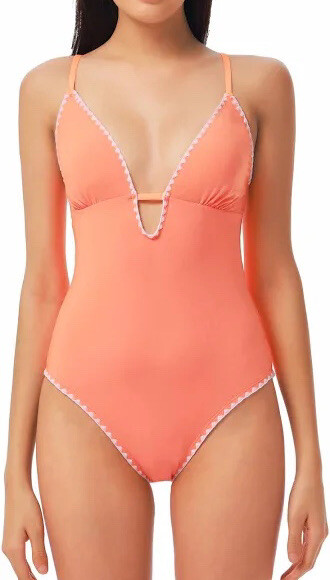 Lucky Brand Shell Stitch Tangerine One Piece plung Neck Swimsuit size Medium