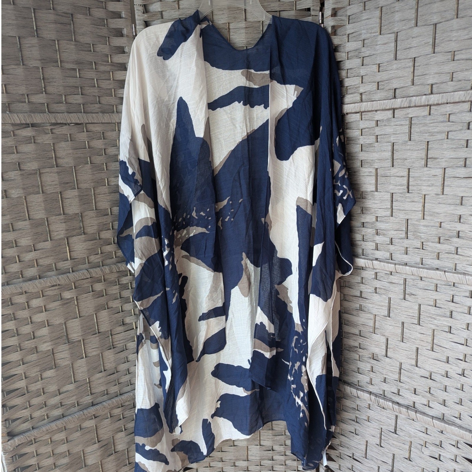 Navy Blue White Floral Kimono Wrap Oversized Viscose Beach Coverup Resortwear