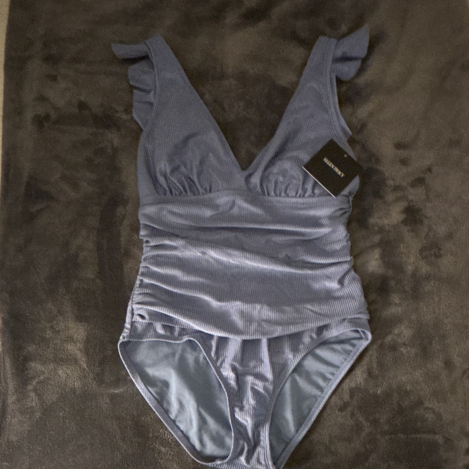SHEIN 1 Piece Light Blue Satin Ruched One-Piece Swimsuit Wide Strap B Cup M
