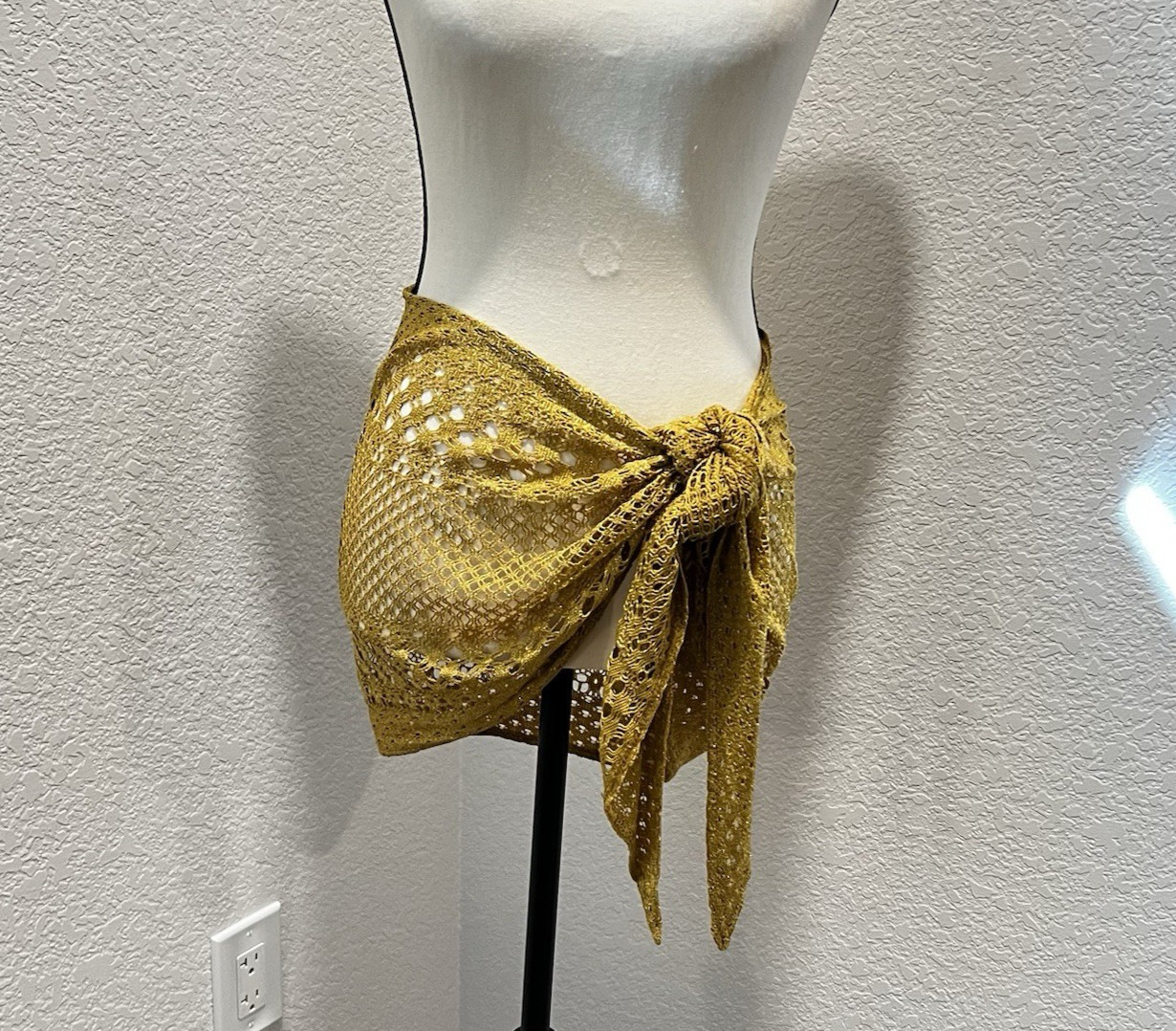 Mustard Open Knit Crochet Tie Front Beach Swim Cover Up Shawl Skirt Size M Boho