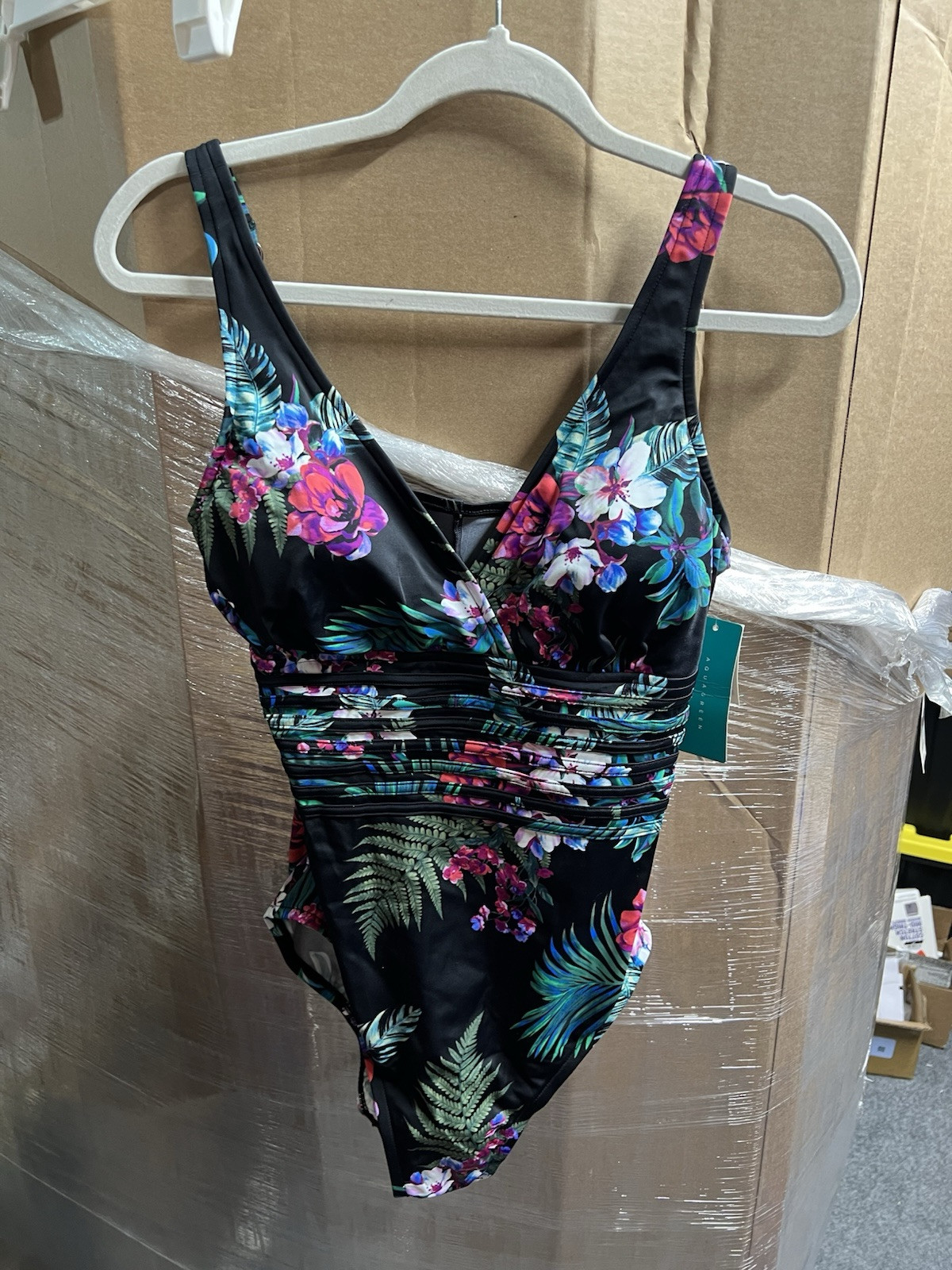 Aqua Green Women’s One Piece Swimsuit Swimwear Black Floral Waist Detail, Large