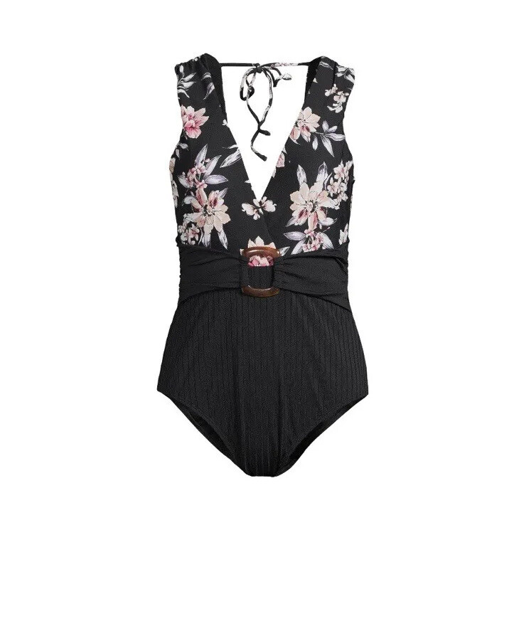 Time & Tru Women’s Floral Garden 1 Piece Cheeky High Leg Deep Neckline Swimsuit