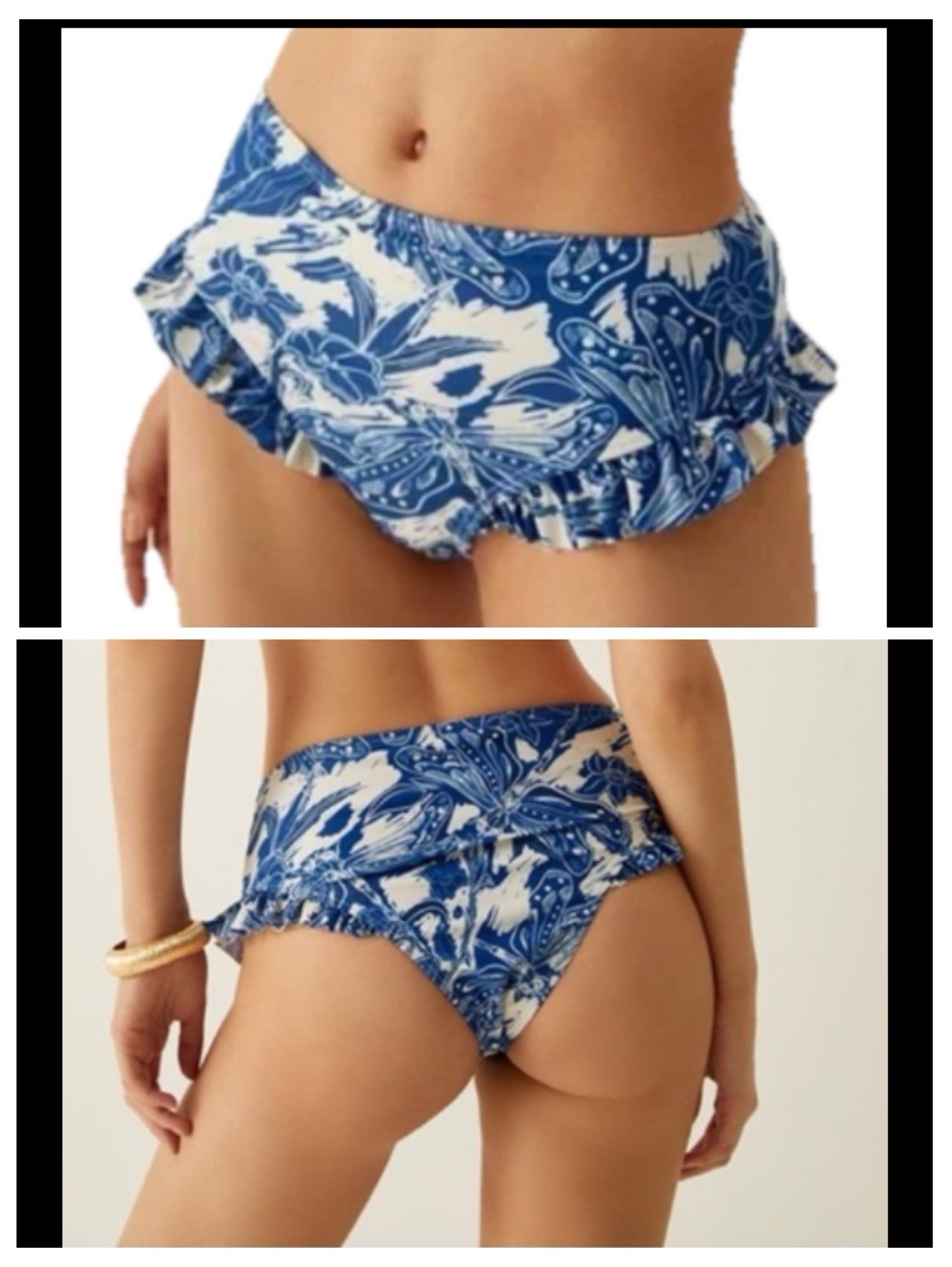 Dark Blue Butterfly Flower Patterned Ruffle Trim Blue Swim Woman XL Mid Waisted