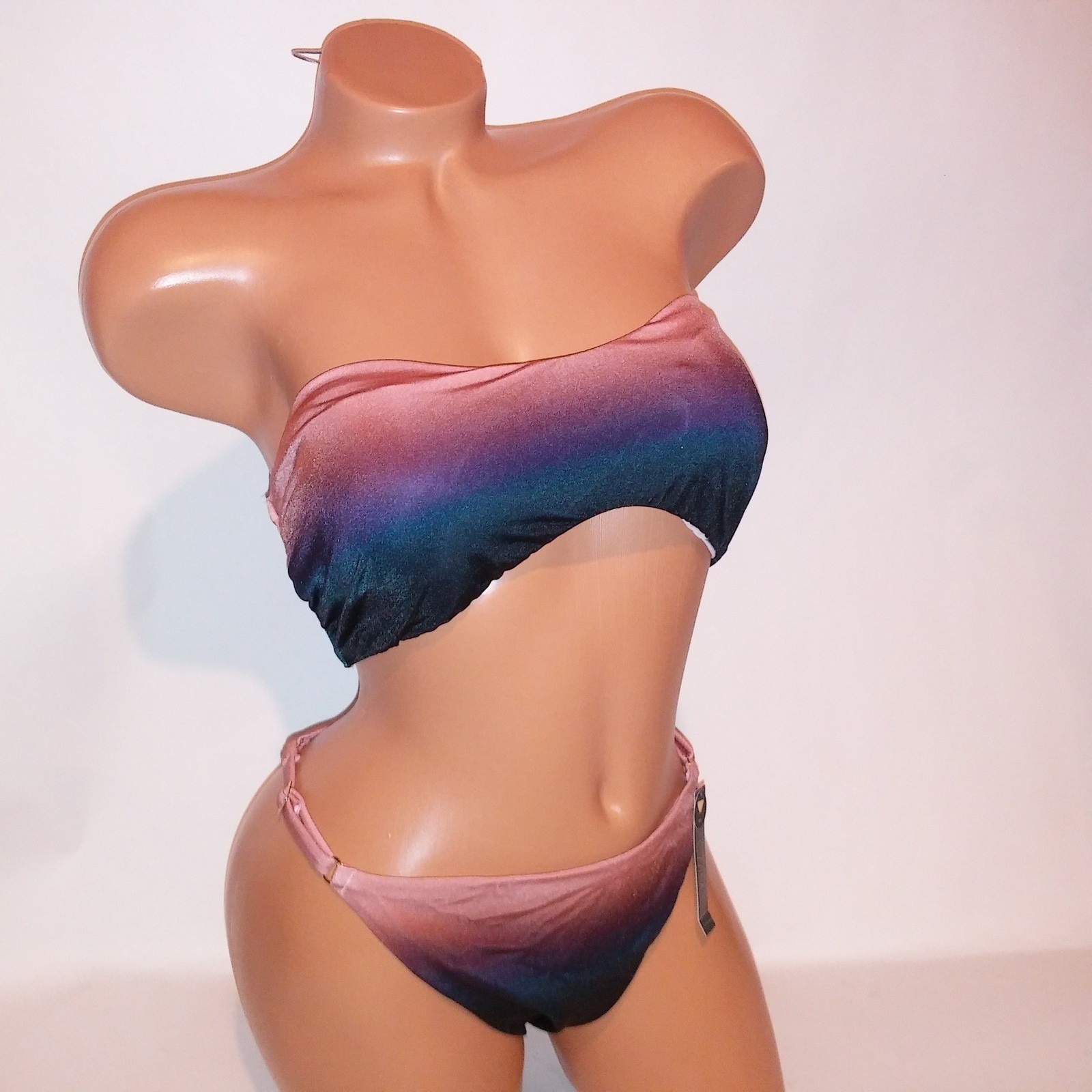 Victoria Secret Swim Bikini XL Top & Bottom Ombre Black Mauve Bandeau String New