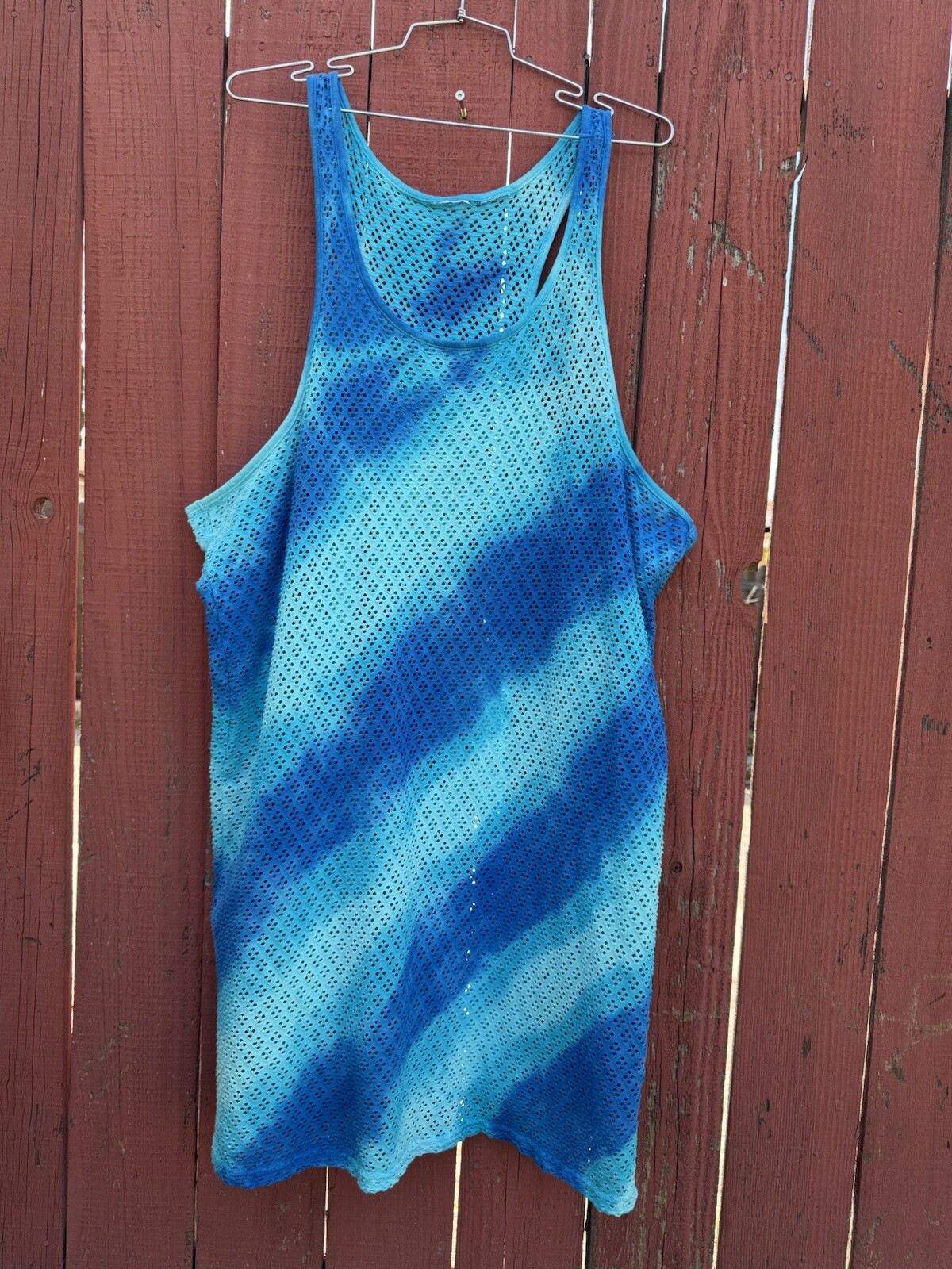 Vintage 90s Blue Tie Dye Swim Vacation Beach Cover Up Dress Sheer Knit Plus Size