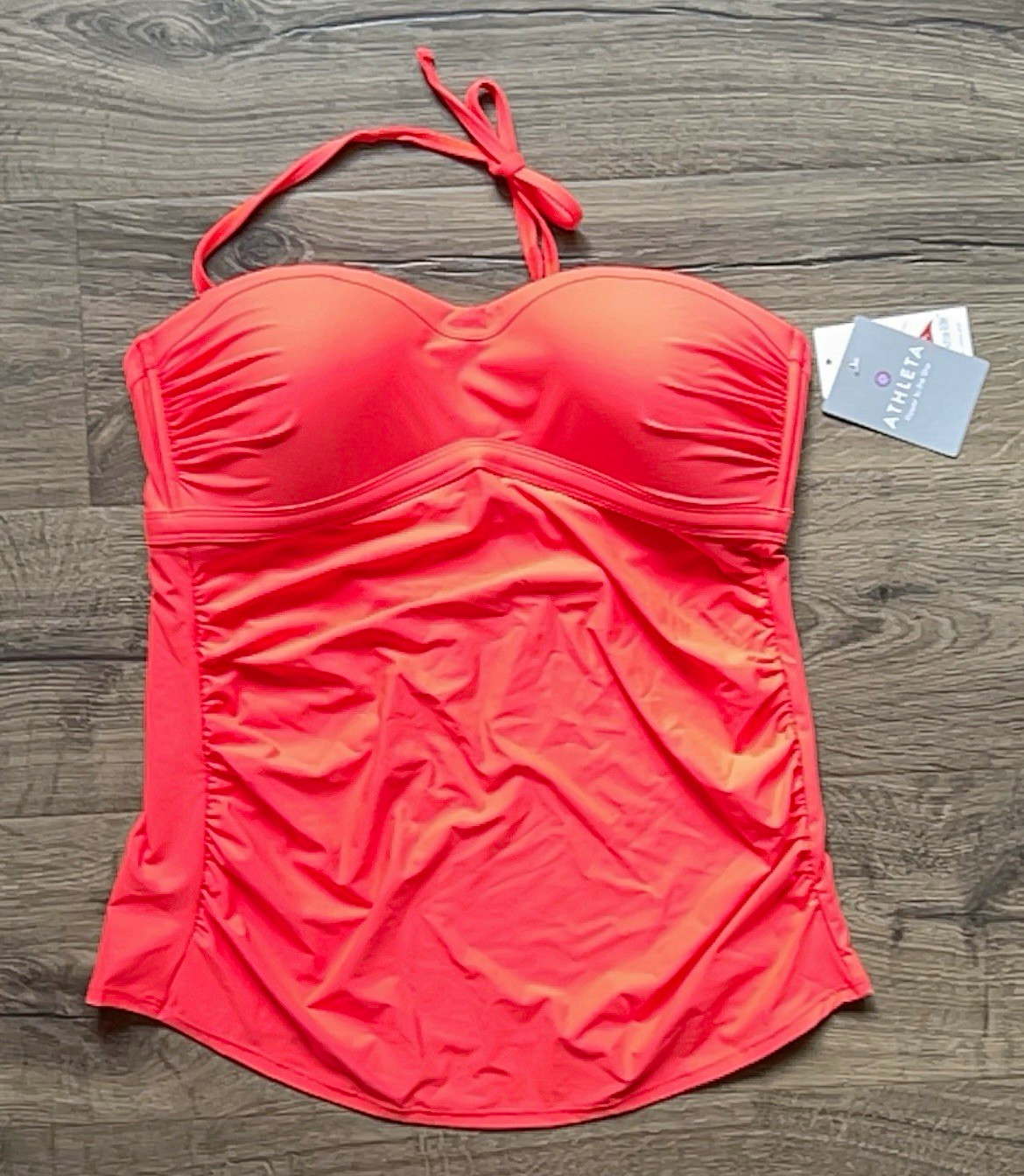 Athleta XL Coral Molded Bandeau Swim Top Halter Strap Solid Adjustable