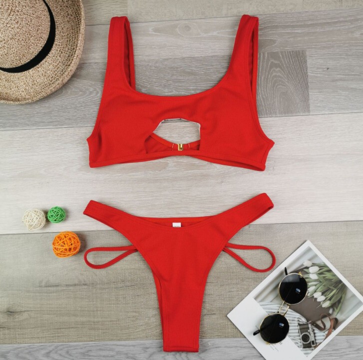 Women’s Sexy Scoop Neck Cutout Strappy Soild Bottom Bikini Sets 2PCS Swimsuits