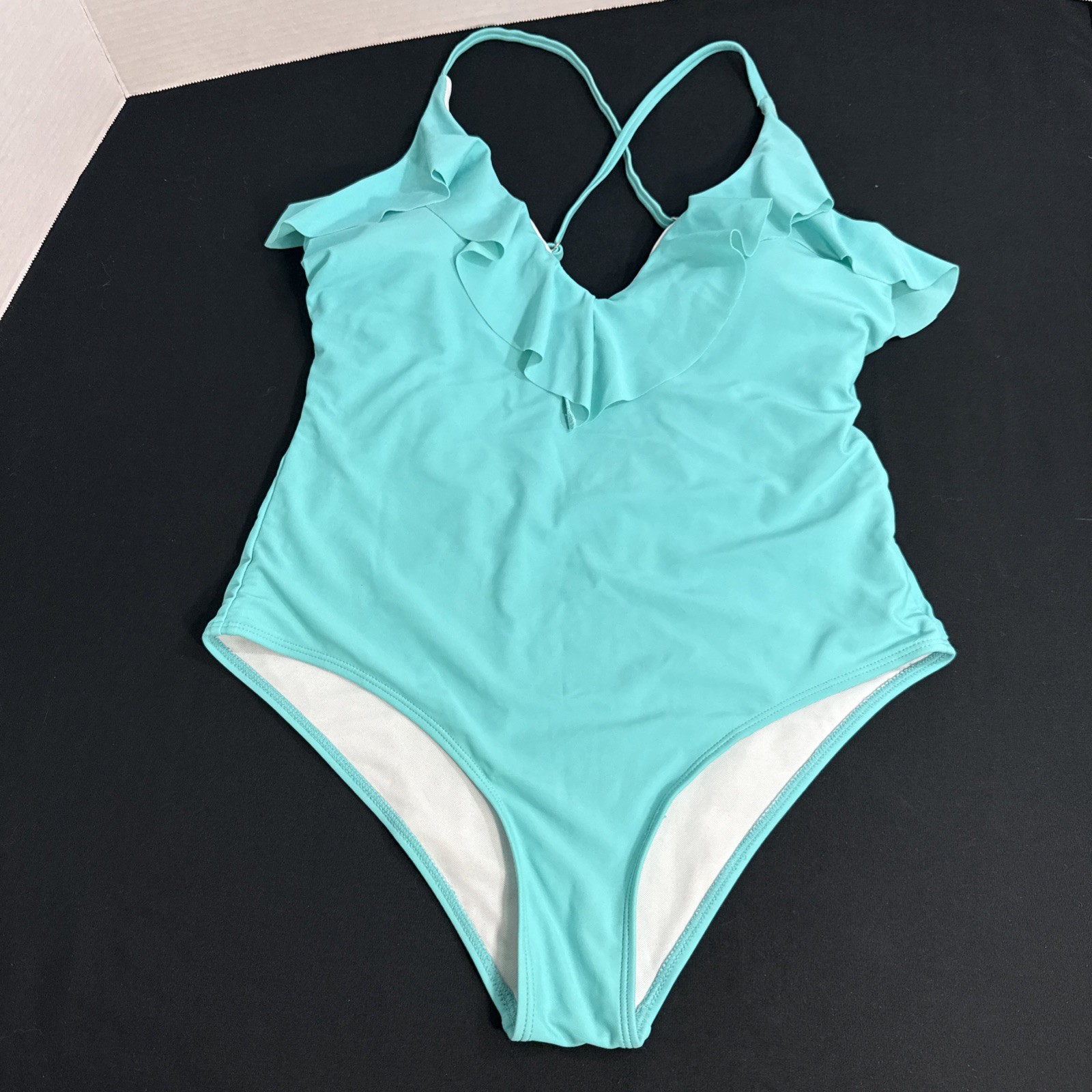 Romwe Swimsuit One Piece Size Large Padded Adjustable Straps Aqua Ruffles Beach