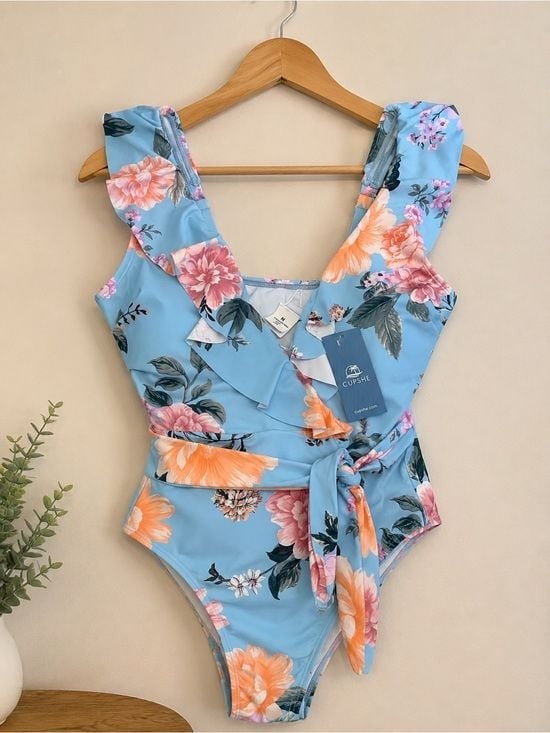 CUPSHE Blue Floral Ruffle One-Piece Swimsuit Wrap Tie Waist Women’s Medium NWT