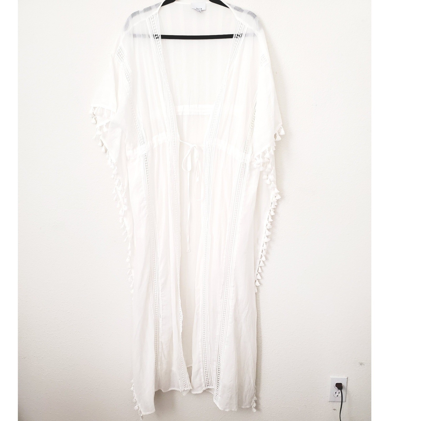 OLIA White Tassels Maxi Kaftan Cover Up Beach Dress Size L Kimono Bohemian