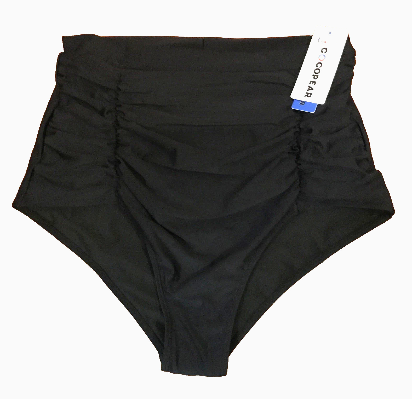 NWT COCOPEAR Black Ruched High Waisted Bikini Bathing Suit Bottom Slimming Sz L