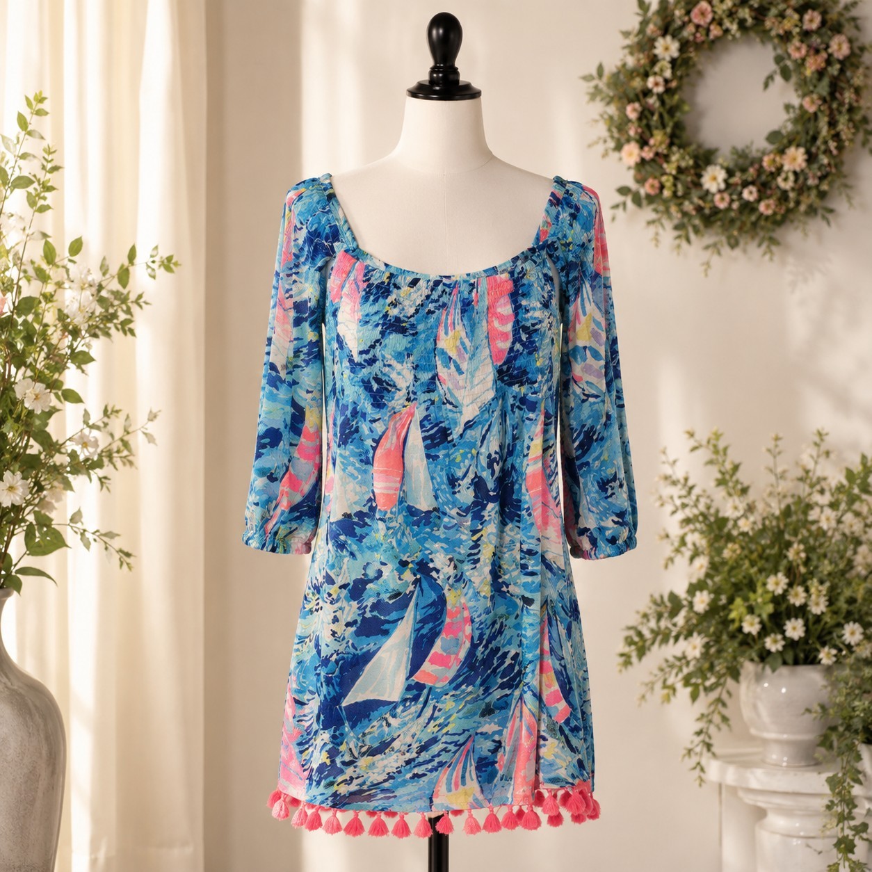 Lilly Pulitzer Trina Beach Dress Small 100% Cotton Off Shoulder Tassel Nautical