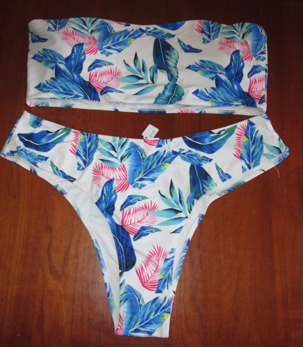 NOWT White/Blue/Pink Leaf Pattern Bikini Womens Size 3XL Strapless Lined 31256