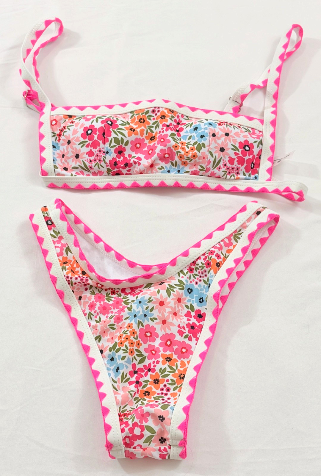 women’s bikini size XXS pink white floral tie adjustable strap high leg polyeste