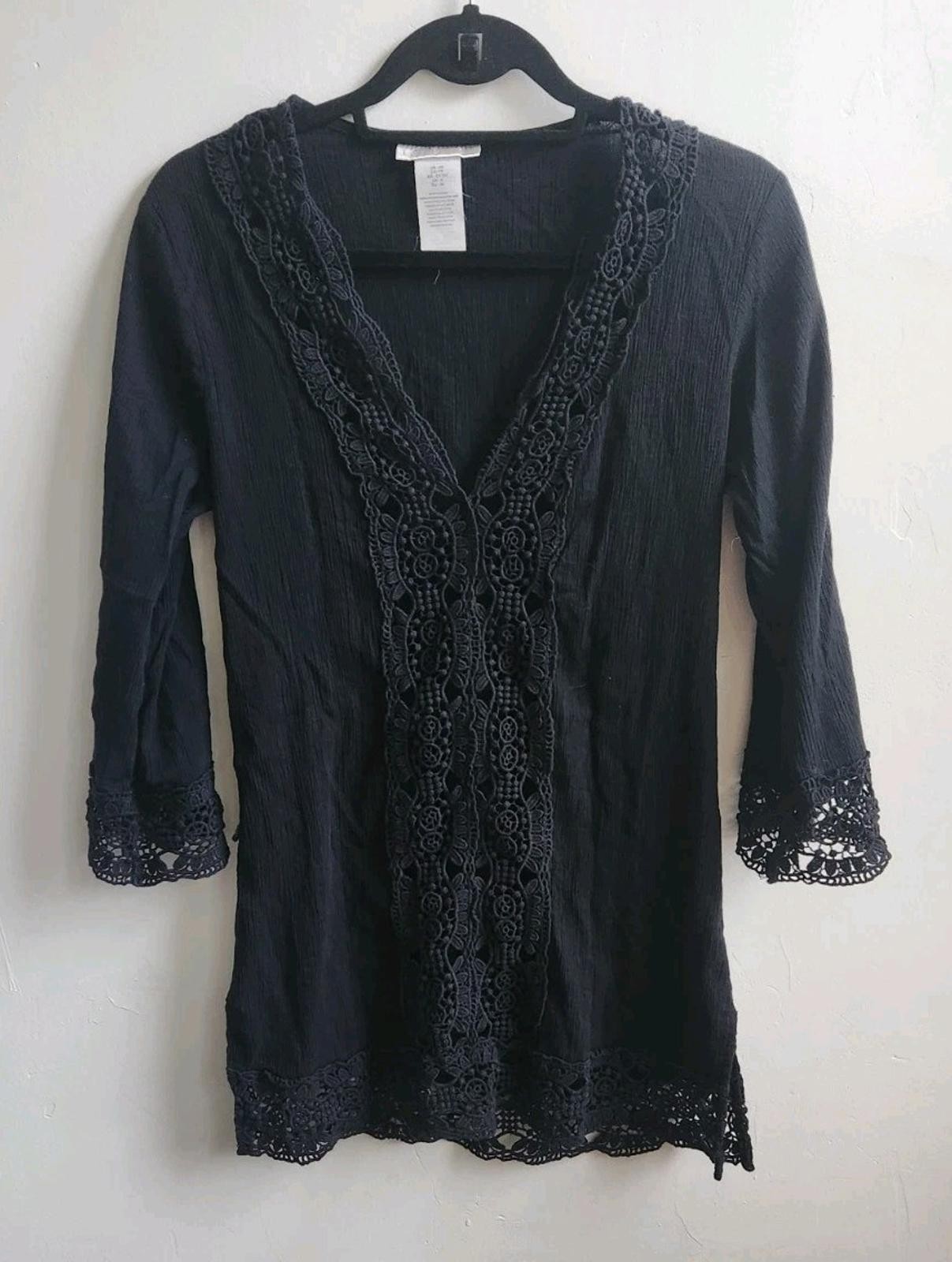 La Blanca Island Fare V Neck 3/4 Sleeve Cotton Tunic Black Swim Coverup Size XS