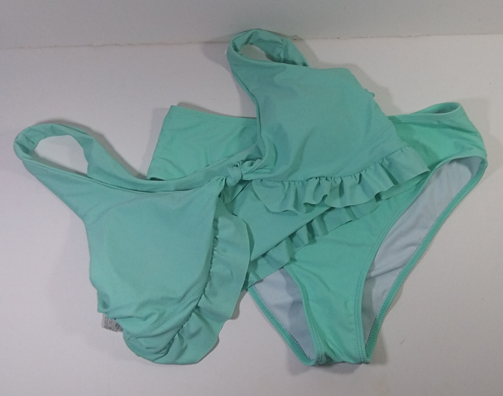 Shein Womens Bikini Large Two Piece Blue Front Bow Ruffle Swimwear Top Bottom