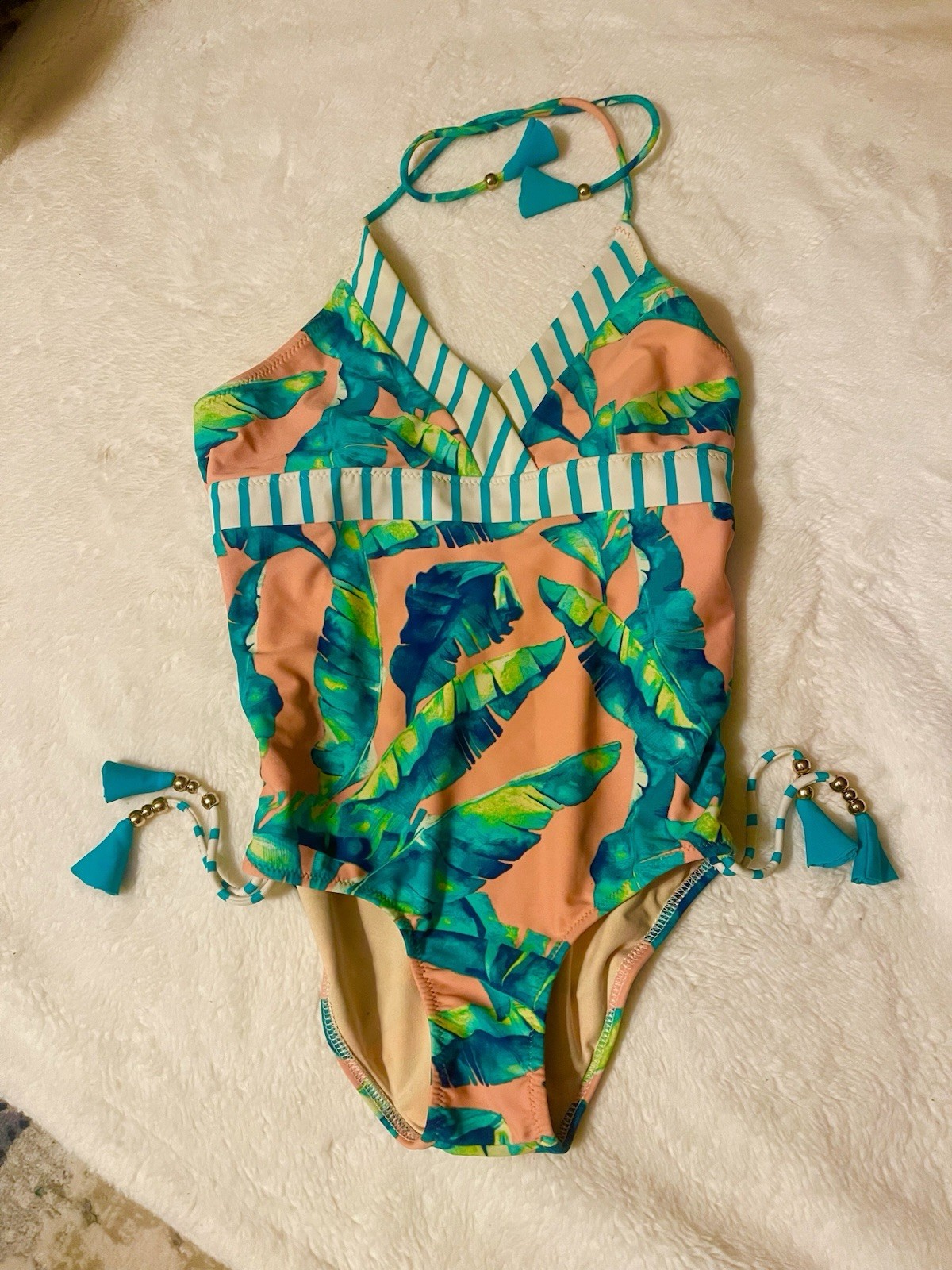 Cabana Life Tropical Floral One Piece Swimsuit Halter Tassel Peach Blue Green