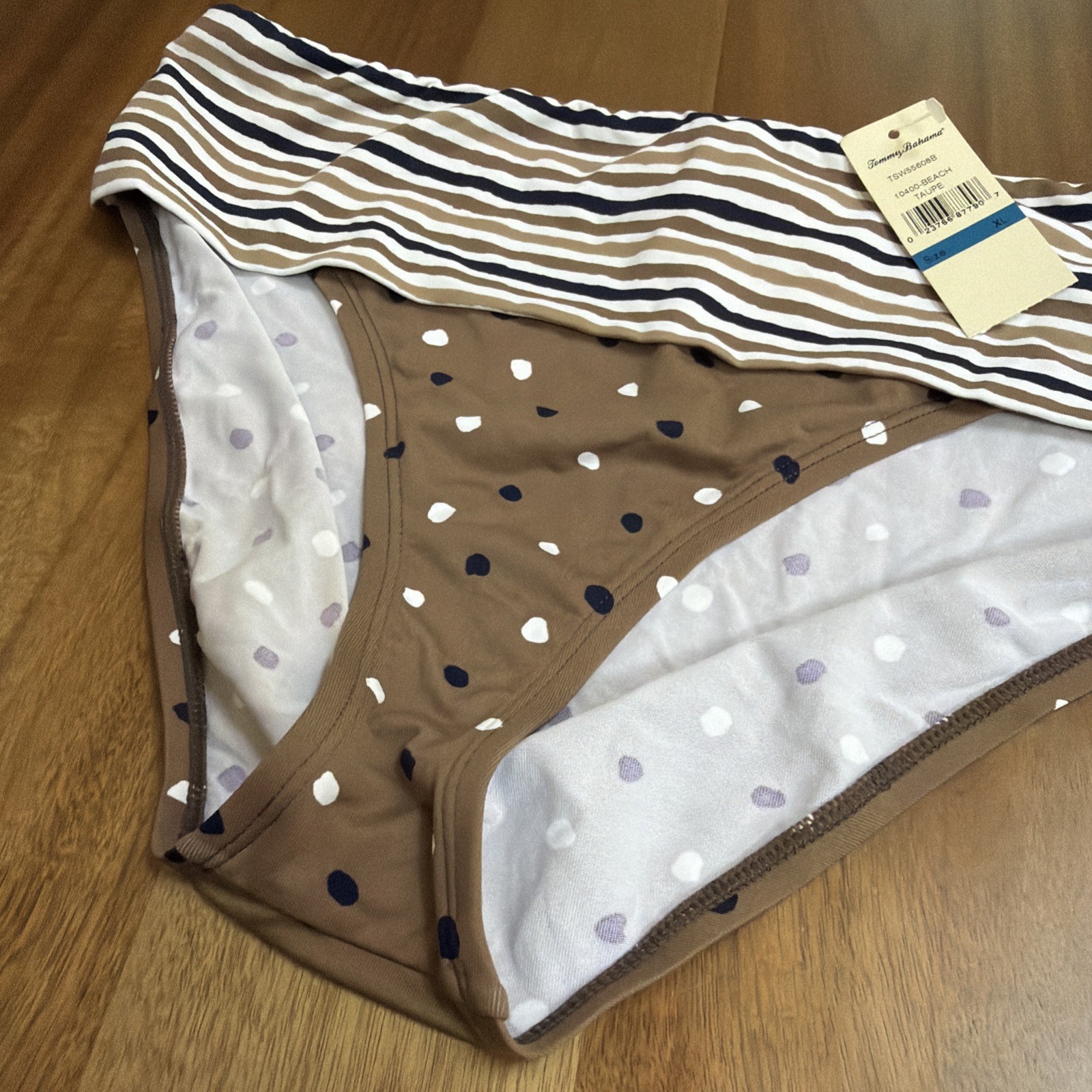 NWT Tommy Bahama Fold Over Waist Swimsuit Bottom XL Taupe & Black Stripes/Dots